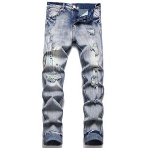 Mens jeans designer jeans voor heren letter star borduurwerk patchwork gescheurde trend merk motorfiets pant skinny mode elastische slanke fit broek verschillende stijlen