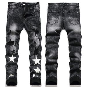 Jeans pour hommes jeans de marque pour hommes lettre étoile broderie patchwork déchiré tendance marque moto pantalon maigre mode élastique slim fit pantalon divers styles 29-38