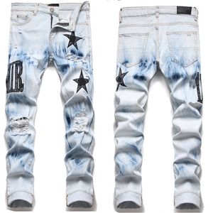 Jeans pour hommes jeans de créateurs pour hommes lettre étoiles hommes patchwork de broderie perforé déchiré tendance marque moto pantalon mens skinny mode élastique pantalon slim fit