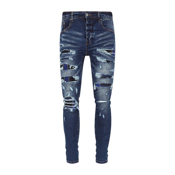 Jeans pour hommes Jeans de créateur pile européenne déchiré Jean hommes broderie matelassage pli couture conception moto équitation Cool Slim pantalon violet pour femmes hommesYCZA