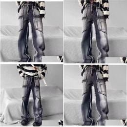 Jeans pour hommes Designer masculin gris lâche y2k high street denim pure motif de couleur pantalon déchiré de gouttes