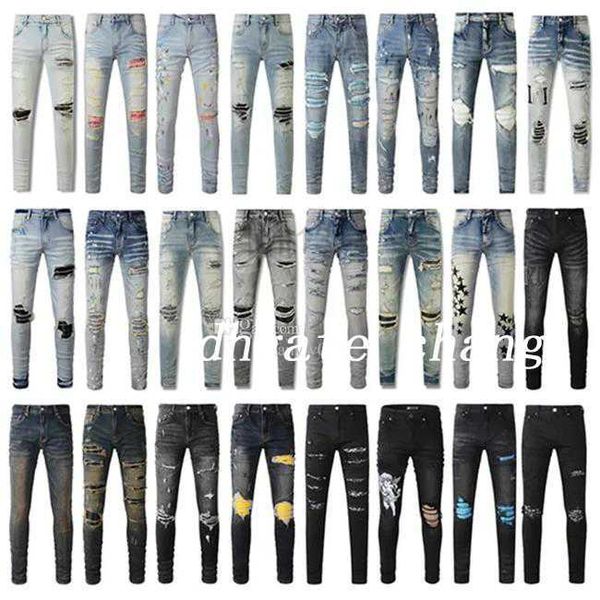 Jeans pour hommes Designer pour hommes Am Jeans Purples Pantalon Jean pour hommes Riptory Pentagram Patchwork pour la marque de moto Tending Motorcycle Skinny Mens Clothing 848642892A4