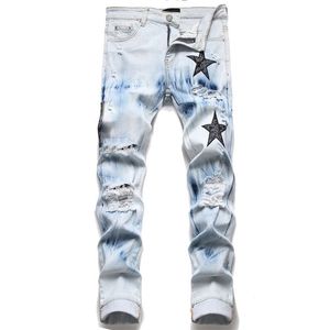 Hommes Jeans Designer Pantalon Slim Fit Élastique Broderie Style De Mode Chat Moustaches Blanchiment Trou Cassé Même Style Haute Qualité A11A