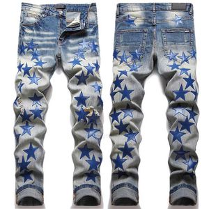 Herenjeans ontwerper Ripped Borduren Pentagram Patchwork Voor Trend Merk Motorbroek Heren Skinny