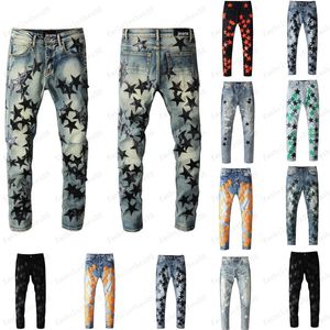 Jeans pour hommes Designer Ripped Slim Fit Pantalon Skinny Orange Star Patch Wearable Biker Extensible Tendance Longue Droite Hip Hop avec Trous Bleu