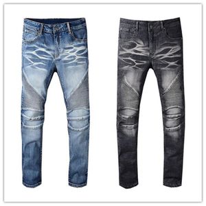 Jeans para hombre Diseñador Pantalones de pierna delgada Tendencia Rodilla Raya Denim Biker Motocicleta Puls Tamaño Hip Hop Desgastado Elástico Lavado Pantalones de calidad superior