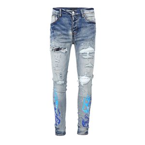 Jeans da uomo firmati con fori affusolati blu coscia strappata caviglia strappata pantaloni strappati stretch robusto taglio al ginocchio biker silm fit skinny gamba lunga dritta 2022 alto afflitto