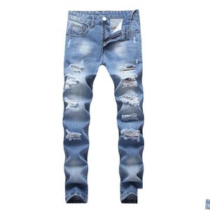 Jeans pour hommes Died Motorcycle Biker Rock Skinny Light Blue Denim Pantalon Slim Ripped Hole Designer Drop Delivery Vêtements Vêtements Dhx0G
