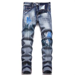 Herenjeans Distressed Motorcycle Biker Jean Snake Borduren Rock Skinny Slim Gescheurde Gat Streep Modieuze Denim Broek