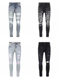 Jeans para hombre Motocicleta desgastada biker jean Rock Skinny Slim Ripped hole letter Marca de calidad superior Hip Hop Denim Pants30-40