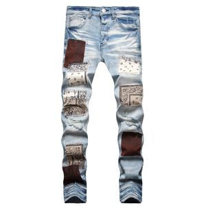 Jeans pour hommes jeans européens jean hombre patch mec broderie patchwork déchiré pour la marque de moto pantalon skinny