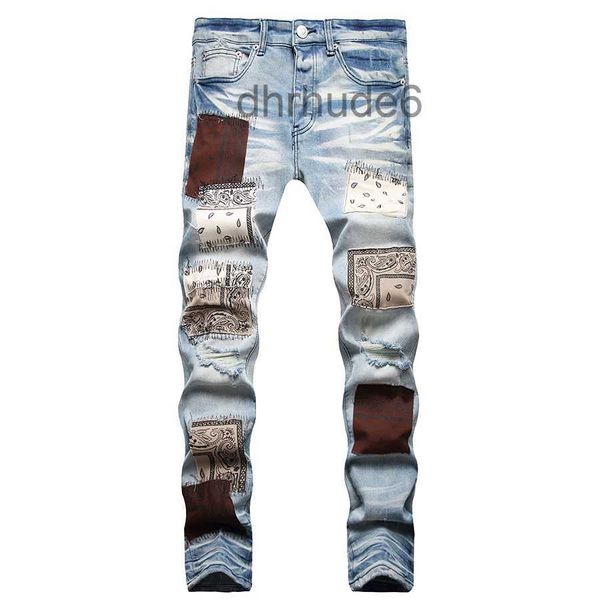 Jeans para hombre Jean europeo Hombre Parche Hombres Bordado Patchwork Rasgado para la marca de tendencia Pantalón de motocicleta Flaco 84GF