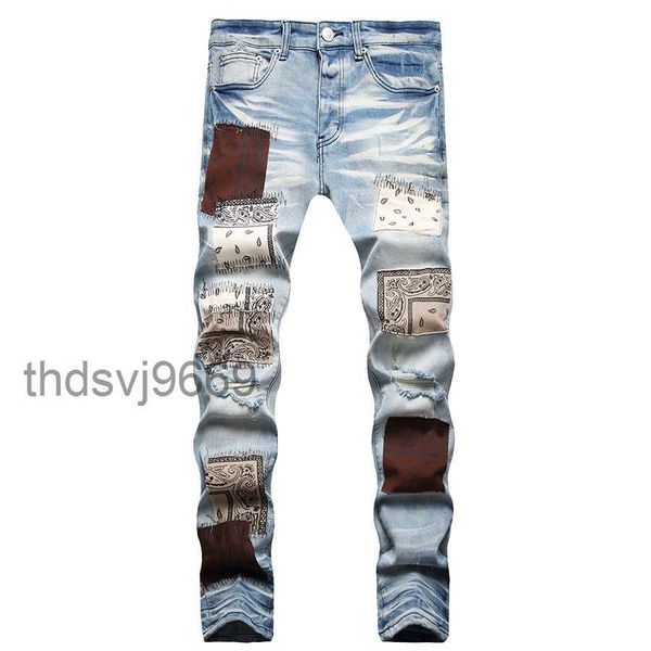 Jeans para hombre Jean europeo Hombre Parche Hombres Bordado Patchwork Rasgado para la marca de tendencia Pantalón de motocicleta Flaco DDPQ