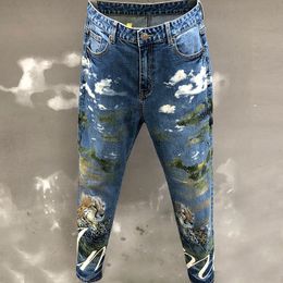 Heren Jeans Herfst Print Legging Slim Fit Mode Koreaanse Hoge Kwaliteit Trend Gedrukt Broek Erkek Jean Pantolon 230925