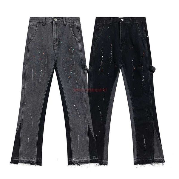 Pantalones vaqueros para hombre Diseñador de moda Ropa Gallerses Depts Apenado Ripped Motocycle Pantalones de mezclilla Splashink Costura Loose Street Style Flare Biker Hip Hop TrouTGMO