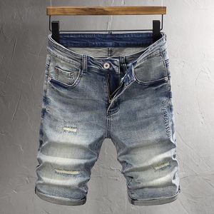 Mens jeans modeontwerper mannen zomer trendy retro blauw elastiek gescheurde korte emed vintage hiphop denim shorts hombre