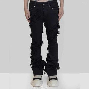 Heren Jeans Mode Uitlopende Heren Gescheurd Verontruste Streetwear Zwarte Denim Broek Lange Linten Trend Man