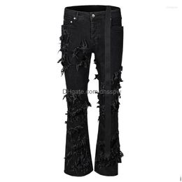 Heren Jeans Mode Uitlopende Ripped Gestorven Streetwear Zwarte Denim Broek Lange Linten Trend Man Drop Levering