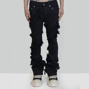Jeans pour hommes Fashion Fared Ripped Streetwear Black Denim Pantal