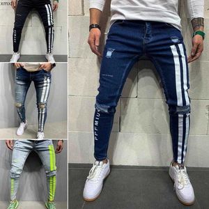 Jeans pour hommes pantalons de travail hip hop mode mince de motard imprimé homme déchiqueté trou skinny zipper rayé européen grand taille 46HU