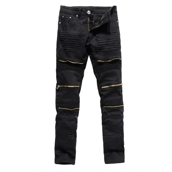 Pantalones vaqueros para hombre, a la moda, rasgados, ajustados, desgastados, destruidos, ajuste recto, cremallera, Motor con agujeros, pantalones pitillo ajustados para motocicleta