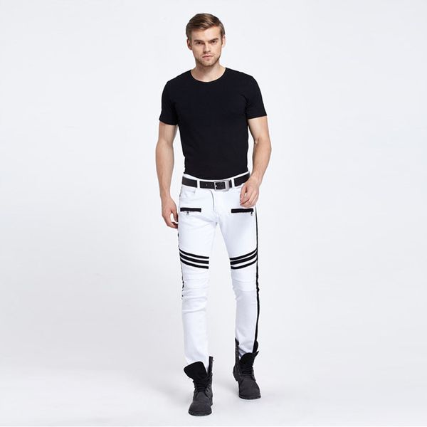 Pantanos de jeans de la moda pantalones de motociclista delgados rectos del flacos de mezclilla de mezclilla de mezclilla blanca tamaño asiático