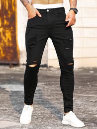 Mens jeans modestraat gescheurd puur zwart stretch strakke kleine voet potlood broek vriendje club kleding denim ropa hombre 230327