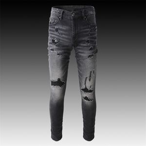 Hommes Jeans Mode Streetwear Rétro Noir Gris Élastique Slim Fit Détruit Déchiré Marque Hip Hop Denim Punk Pantalon Hombre 220928