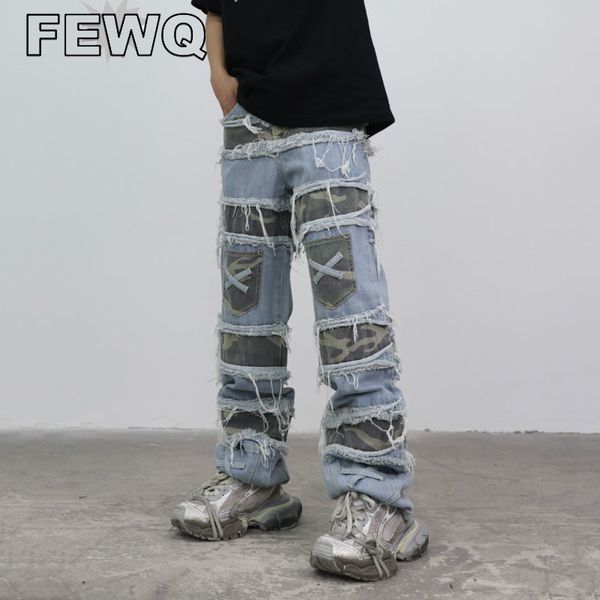 Jeans pour hommes FEWQ Camouflage Patchwork faux 2 pièces bavures haute rue mâle Niche conception Denim pantalon automne Streetwear pantalon 24B3324 230829