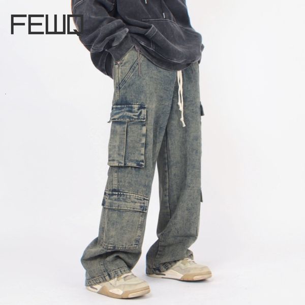 Jeans pour hommes FEWQMz American Street Design Sense lavage à l'eau poche vêtements de travail pantalon ample Tube droit à la mode haut Style 230831