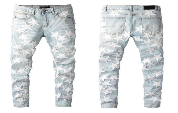 Jeans pour hommes pour les gars genou déchiré coupe ajustée pantalon maigre patchs étoiles portant Biker Denim Stretch moto coupe masculine à la mode longue Str8426870