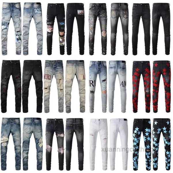 Jeans para hombres para chicos RIP Fit Fit Skinny Man Pants Red Star Patches Biker Denim STRING CULT MOTO MOTORDUCLO TIERDA LARGO LARGO RIDO CY1S AZUL