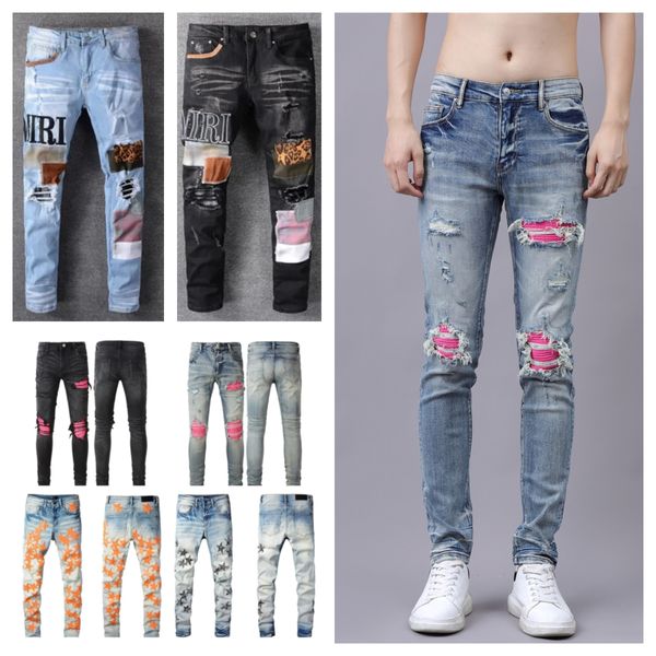 Pantalones vaqueros para hombre Motocicleta Pantalones de mezclilla Estrella Hombres Bordado Rasgado Flaco Diseñador Moda Hip Hop Apenado Biker Slim Fit Estiramiento Marca europea Jean Hombre E0uX #