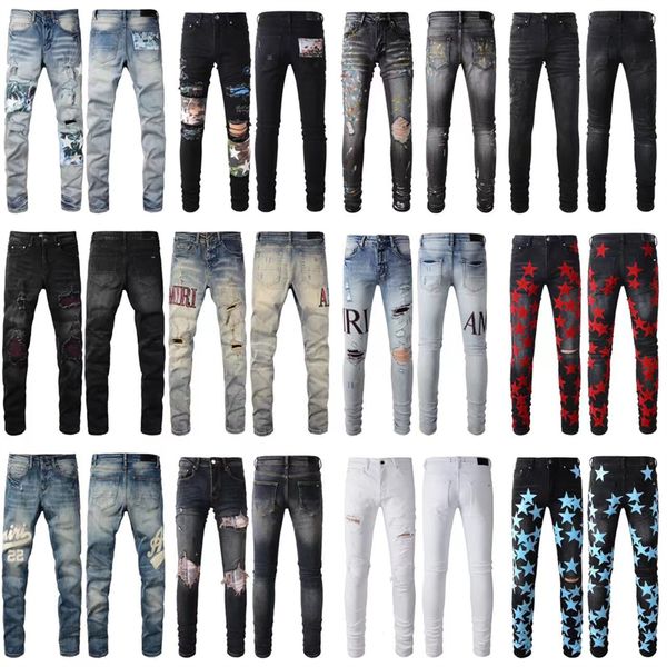 Jeans pour hommes pour les gars Rip Slim Fit Skinny homme pantalon rouge étoiles patchs portant Biker Denim Stretch culte Stretch moto tendance longue droite Hip Hop avec trou bleu