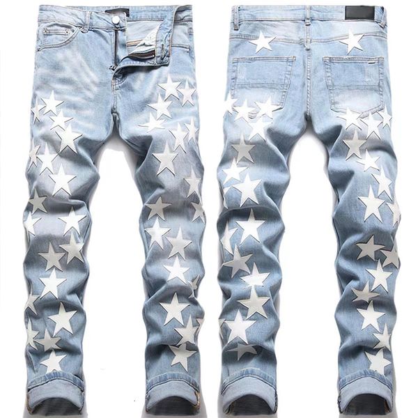 Jeans pour hommes pour hommes Pu cuir étoiles Hip Hop Appliques pantalon crayon pantalon Style mode Slim Fit High Street Denim mâle 230922