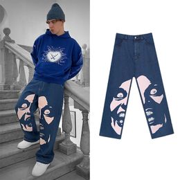 Hommes Jeans Graphic Print Noir Hommes Vêtements High Street Vintage Hip Hop Baggy pour Casual Straight Wide Leg Pants 230615