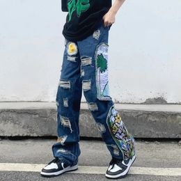 Heren Jeans Grunge Kleding Y2K Streetwear Baggy Gestapelde Gescheurde Broek Voor Mannen Patch Borduren Hip Hop Denim Broek Ropa Hombre 231204