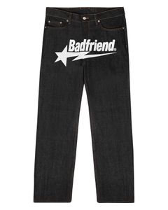 Heren Jeans Harajuku Mode Punk Rock Brede Voet Broek Streetwear Y2k Hip Hop Badfriend Brief Afdrukken Baggy Zwarte Broek 230606