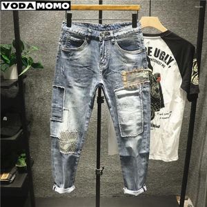 Heren Jeans Harajuku Vintage Mode Luxe Koreaanse Stijl Casual Stretch Slim Fit Denim Hiphop Patchwork voor Mannen Ripped