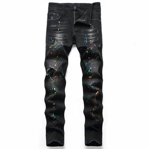 Hommes Jeans haute qualité hommes décontracté noir peinture mince trou droit motard automne Jean Homme mâle Denim pantalon grande taille 42 230606