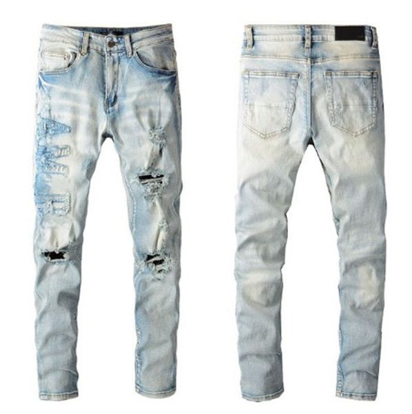 Jeans pour hommes High Street Noir Genou Trou Ange Imprimer Slim Fit Pieds Minces Hommes Pour Hommes Personnalité Stretch Denim Pa