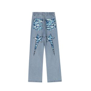 Hommes Jeans High Street Casual Bleu Clair Dessin Animé Lettre Broderie Multipoches Denim Pantalon Rétro Lâche Pantalon Droit 230516