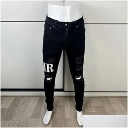 Hommes Jeans High Street Mode Hommes Noir Couleur Élastique Stretch Skinny Rippe Patchs Designer Hip Hop Pantalon Hombre Drop Livraison Appare Otrob