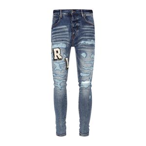 Hommes Jeans High Street Mode Hommes Rétro Bleu Stretch Élastique Skinny Fit Ripped Patch Designer Hip Hop Marque Pantalon Hombre 230831