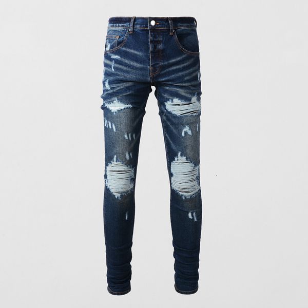 Jeans para hombre High Street Fashion Men Retro Dark Blue Stretch Skinny Fit Ripped Cuero Parcheado Diseñador Hip Hop Marca Pantalones 230629