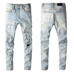 Jeans para hombre High Street White Drill Hole Primavera Verano Stretch Thin Fashion Hombres Europa y Estados Unidos Azul claro 230831