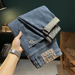 Jeans pour hommes haut de gamme marque de mode pantalon droit ample imprimé décontracté tout Denim extensible 240130