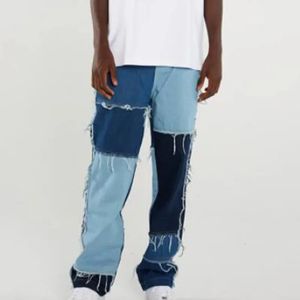 Heren Jeans Hip Hop Mannen Patchwork Omzoomd Midrise Straightleg Flared Broek Vintage Casual Baggy Broek Denim Blauw Streetwear 231204