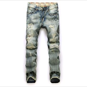 Jeans pour hommes trou nostalgique commerce plus tissu effiloché drapeau rouge Denim pantalon Cool Jean mâle pantalons longs