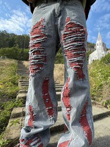 Heren Jeans Houzhou Y2k Ripped Patchwear Verontruste Broek Mannen Hip Hop Punk Goth Rode Denim Broek Mannelijke Vintage Japanse streetwear